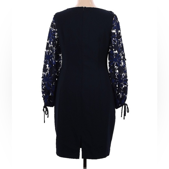 Badgley Mischka Boatneck Sheath Dress with Floral Puff Sleeves, Navy Blue Sz 14 - Picture 3 of 6